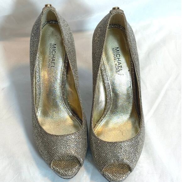 MICHAEL Michael Kors Erika glitter platform peep-toe pumps Silversand Sz 5 - Picture 3 of 5